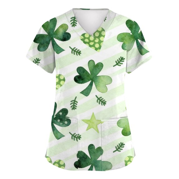 St Patricks Day Scrub Tops for Women Shamrock V Neck Holiday Scrubs Clover Short Sleeve Nursing Lucky Uniform with Pockets Turquoise 3XL