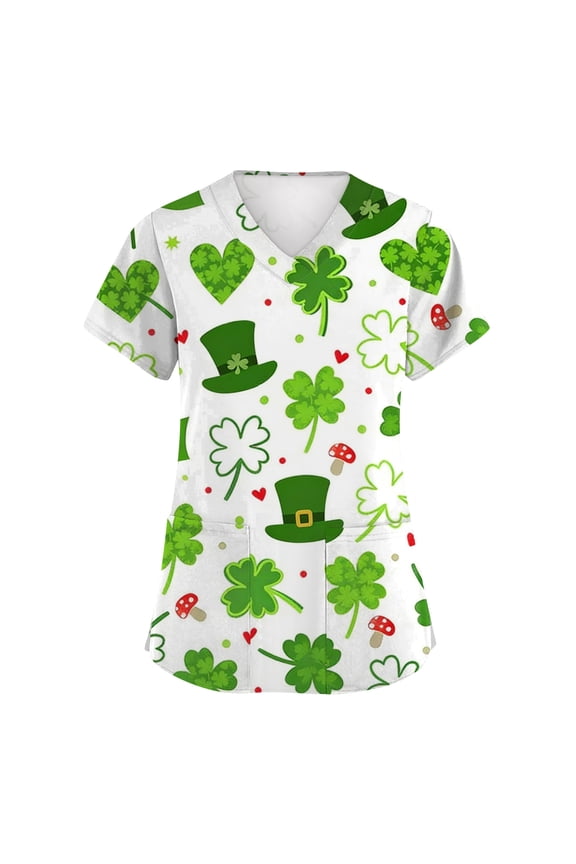 St Patricks Day Scrub Tops for Women Shamrock V Neck Lucky Workwear Clover Short Sleeve Nursing Green Uniform with Pockets White S