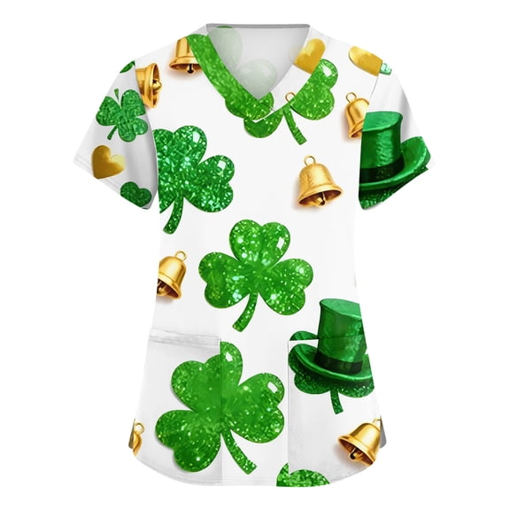 St Patricks Day Scrub Tops for Women Shamrock V Neck Medical Uniform Clover Short Sleeve Green Holiday Scrubs with Pockets Light Green M