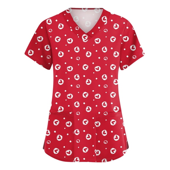 St Patricks Day Scrub Tops for Women Shamrock V Neck Medical Workwear Clover Short Sleeve Green Holiday Scrubs with Pockets Red M
