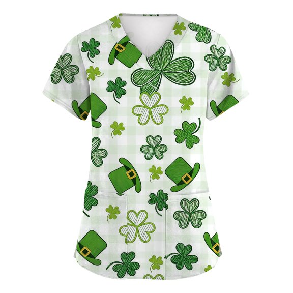 St Patricks Day Scrub Tops for Women Shamrock V Neck Medical Workwear Clover Short Sleeve Holiday Irish Uniform with Pockets Green 4XL
