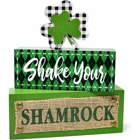 Gift Boutique St. Patrick's Day Shake Your Shamrock Wooden Block Set of 3 Layered Rustic Lucky Clover Sign Tabletop Decor Home Mantel Shelf Centerpieces Decorations
