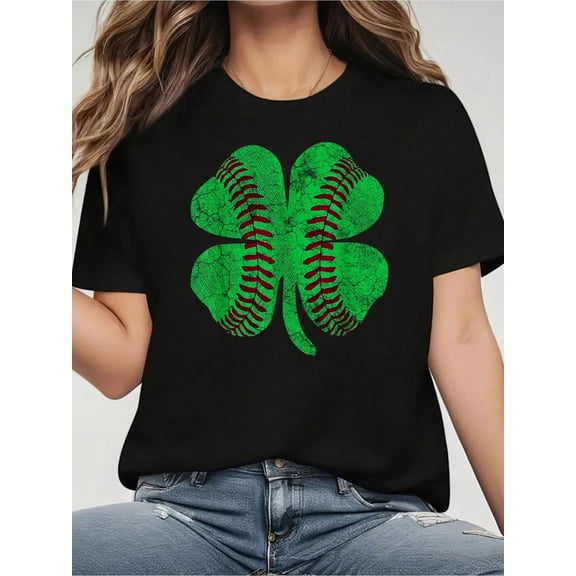 St Patricks Day Shamrock Baseball Saint Paddy's T-Shirt- 100% Cotton Women's Casual Short Sleeve Crew Neck T-Shirt For All Seasons