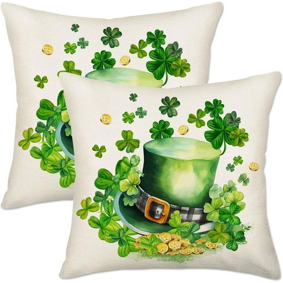 St Patricks Day Shamrock Clover Hat Pillow Covers 16x16 Inch Set of 2 St Patricks Day Decorations Throw Pillow Cover Lucky Charm Gold Coin Spring Farmhouse Cushion Case for Home Sofa Couch
