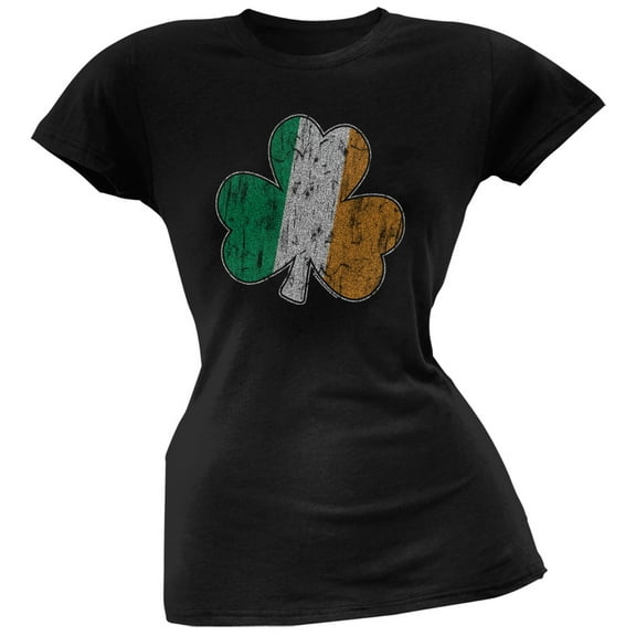 St. Patricks Day - Shamrock Flag Black Juniors Soft T-Shirt - Large