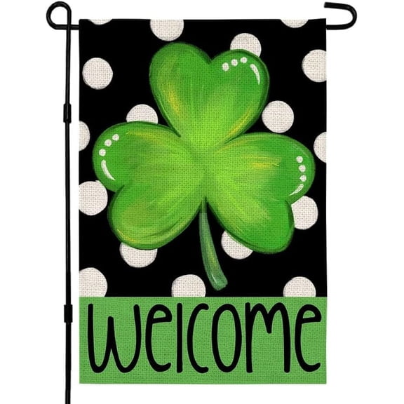 St Patricks Day Shamrock Garden Flag 12×18 Inch Double Sided Green Clover Small Burlap Welcome Polka Dots Holiday Yard Flag for Outside