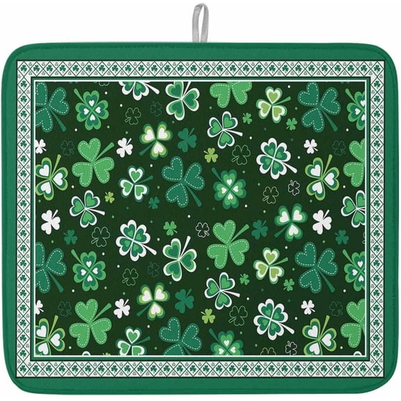 St. Patricks Day Shamrock Green Dish Drying Mat for Kitchen Counter Absorbent Microfiber Quick Dry Pad Non Slip Drainer Mats 16x18 Inch, 1 Pack