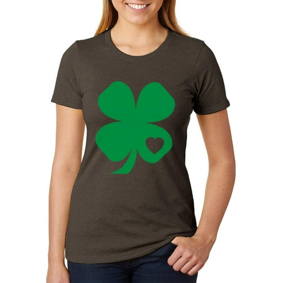 St. Patricks Day Shamrock Heart Juniors Soft Heather T Shirt Heather Brown SM