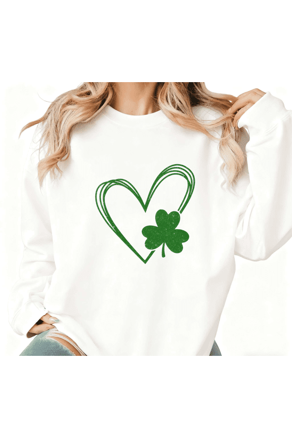 St Patricks Day Shamrock Heart Print Graphic Sweatshirt White S-2XL Womens Lucky Casual Tops