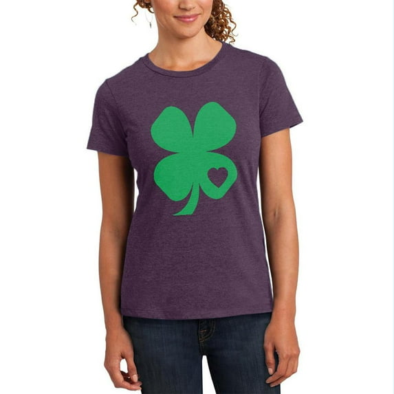 St. Patricks Day Shamrock Heart Womens Soft Heather T Shirt Heathered Eggplant MD