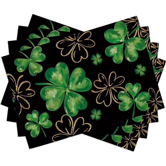 St Patricks Day Shamrock Placemats Set of 4, Black Gold Lucky Clover Dining Table Place Mats, Irish Spring Kitchen Decor Home Decoration 12 x 18 Inch