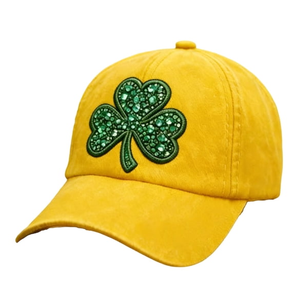 St Patricks Day Shamrock Print Baseball Cap, Holiday Hat, Festive Cap, Polyester Fabric with Adjustable Strap, for Irish Themed Events and Gift Giving to Family Friends, Yellow
