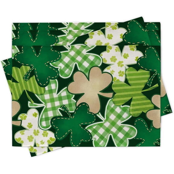 St Patricks Day Shamrock Set of 4, Lucky Clover Plaid Stripes Dining Place Mats Table Decor, Irish Spring Farmhouse Home Kitchen Decoration 12 x 18 Inch
