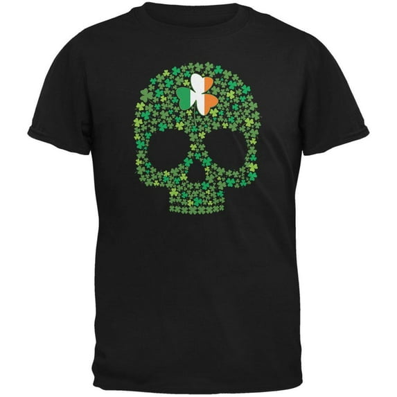 St. Patricks Day - Shamrock Skull Black Adult T-Shirt - Medium