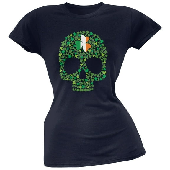 St. Patricks Day - Shamrock Skull Navy Soft Juniors T-Shirt - Large