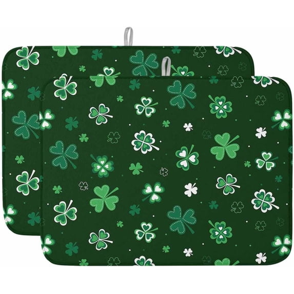 St. Patricks Day Shamrock Spring Green Dish Drying Mat for Kitchen Counter Absorbent Microfiber Quick Dry Pad Non Slip Drainer Mats 18x24 Inch, 2 Pack