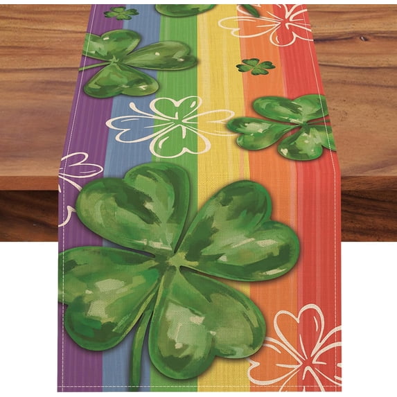 St Patricks Day Shamrock Table Runner, Lucky Clover Rainbow Kitchen Dining Table Decor, Irish Spring Burlap Home Decoration Indoor Outdoor Party Supply 13 x 72 Inches