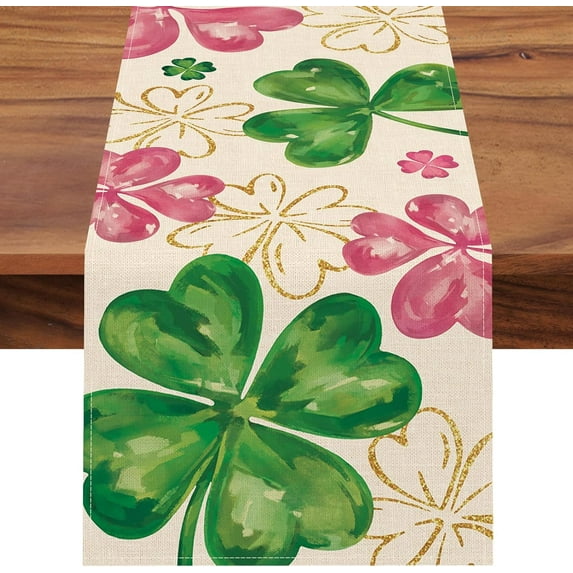 St Patricks Day Shamrock Table Runner, Pink Gold Lucky Clover Kitchen Dining Table Decor, Irish Spring Burlap Home Decoration Indoor Outdoor Party Supply 13 x 72 Inches