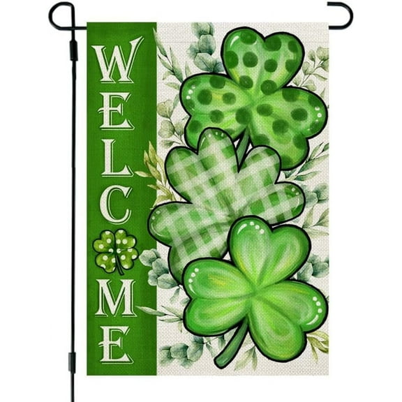St Patricks Day Shamrocks Garden Flag 12x18 Inch Double Sided for Outside Small Welcome Green Clovers Burlap Holiday Yard Flag