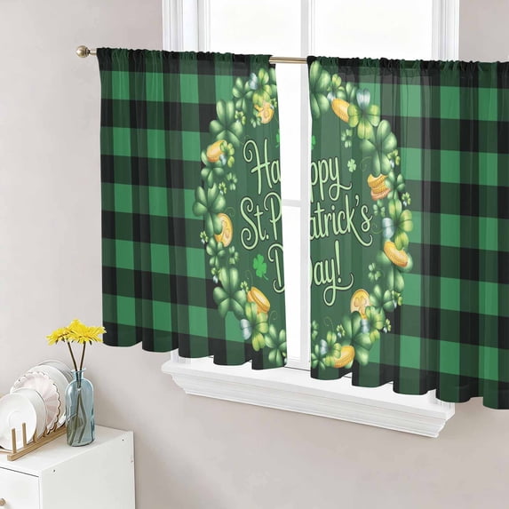 St Patricks Day Sheer Curtains 45 Inch Length 2 Panels Set Window Treatments, Spring Gold Coin Green Shamrock Plaid Rod Pocket Semi Curtains for Living Room/Bedroom/Kitchen Décor, 104"W x 45"L