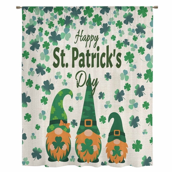 St Patricks Day Sheer Curtains 54" Long, Green Shamrock Spring Watercolor Gnomes Beige Light Filering Curtains, Breathable Simi Curtain Privacy Drapes for Kitchen Bathroom Small Window Treatment