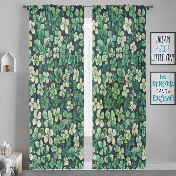 St Patricks Day Sheer Curtains 84 Inches Long Shamrock Pattern 2 Panels Rod Pocket Voile Window Curtain Set Drapes for Living Room Bedroom Dining Room, 52 W x 84 L