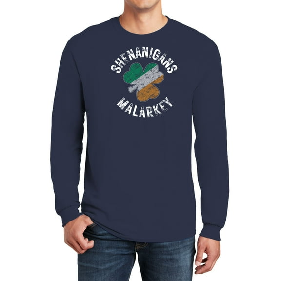 St Patricks Day Shenanigans Malarkey Distressed Irish Flag Clover Mens Long Sleeve T Shirt