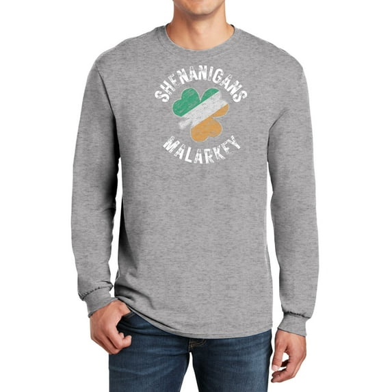 St Patricks Day Shenanigans Malarkey Distressed Irish Flag Clover Mens Long Sleeve T Shirt