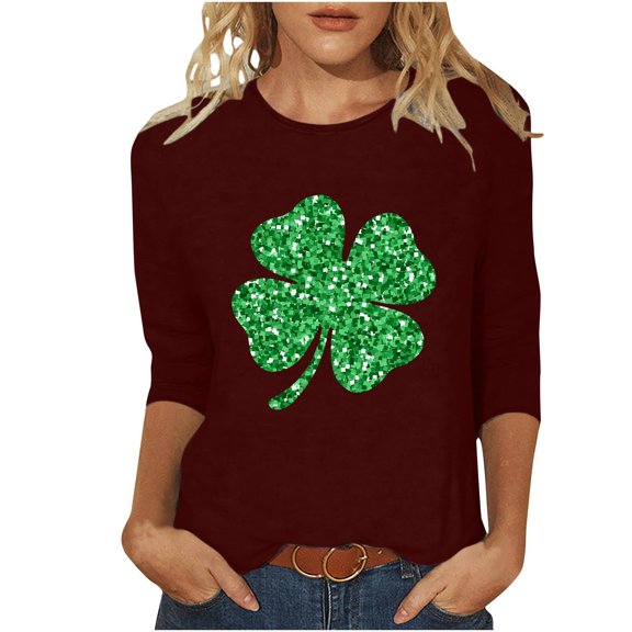St Patricks Day Shirt Women 3/4 Sleeve Crew Neck Tshirt Clover St Patrick's Day Graphic Tees Loose Fit Tunic Tops