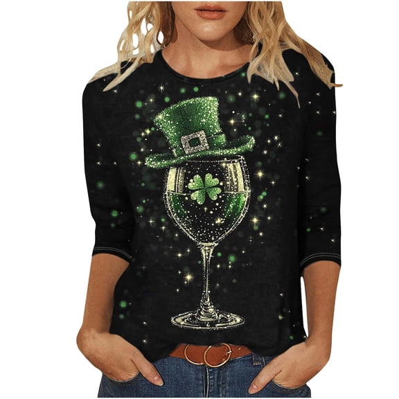 St Patricks Day Shirt Women 3/4 Sleeve Lucky Irish Shamrock Graphic Tees Sparkly Glitter Clover Blouse Tunic Top 2026
