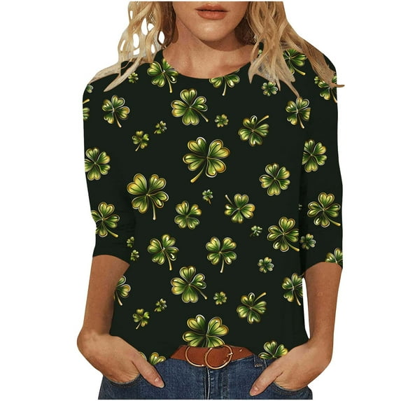 St Patricks Day Shirt Women 3/4 Sleeve Round Neck Blouse Clover Graphic T Shirt Holiday Going Out Tops Saint Patricks Day Outfit