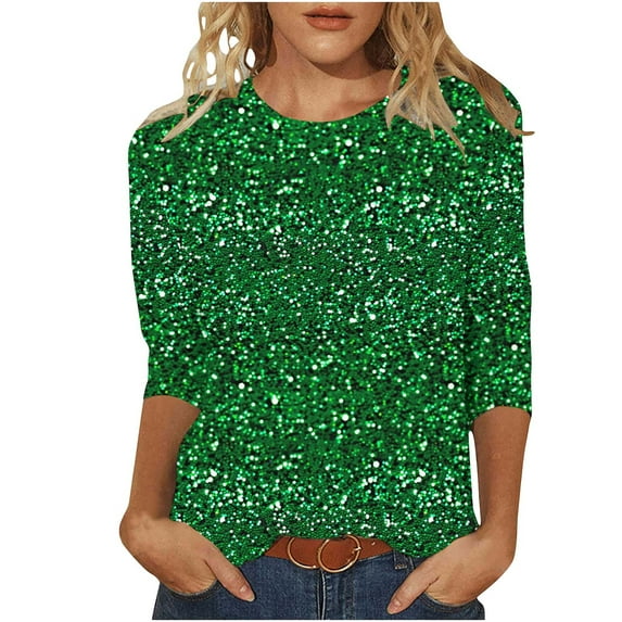 St Patricks Day Shirt Women 3/4 Sleeve Round Neck Blouse Clover Graphic T Shirt Holiday Going Out Tops Saint Patricks Day Outfit