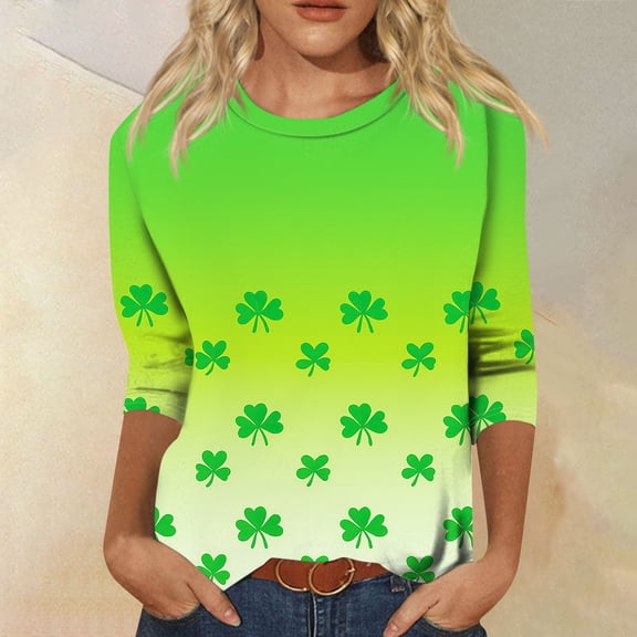 St Patricks Day Shirt Women 3/4 Sleeve T Shirts Funny Green Shamrock Printed Graphic Saint Patrick's Tee Tops Fluorescent Green XL