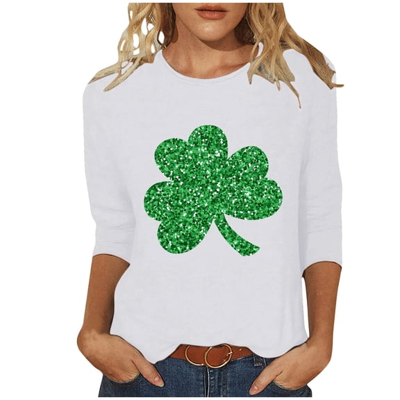 St Patricks Day Shirt Women 3/4 Sleeve Top Round Neck Funny Shamrock Graphic Tees Loose Fit Tunic Fashion Irish Tops