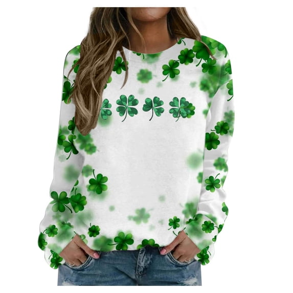St Patricks Day Shirt Women Crewneck Graphic Sweatshirts Clover Shamrock Four Leaf Shirt Casual Pullover Long Sleeve Holiday Tops