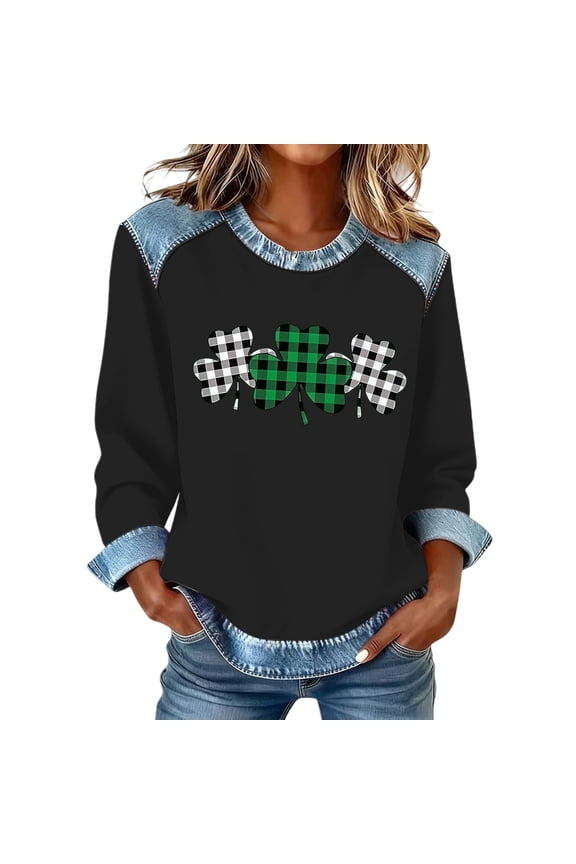 St Patricks Day Shirt Women Denim Patchwork Long Sleeve Pullover Sweatshirt Summer Tops