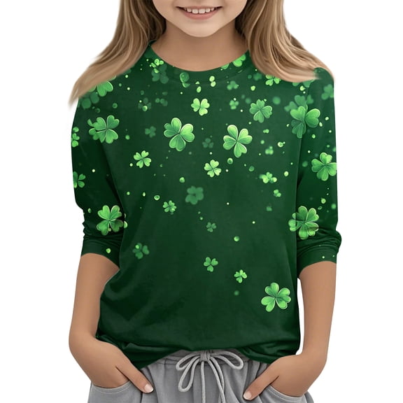 St Patricks Day Shirt Women Four-Leaf Clover Printed Round Neck 3/4 Sleeve Loose Blouse Plus Size Tunic Tops Dark Green 130