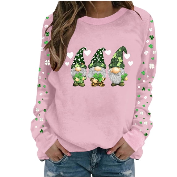 St Patricks Day Shirt Women Gnomes Hold Clover Print Sweatshirt Crew Neck Long Sleeve Tops Irish Themed Clothes Funny Saint Patricks Day Shirt