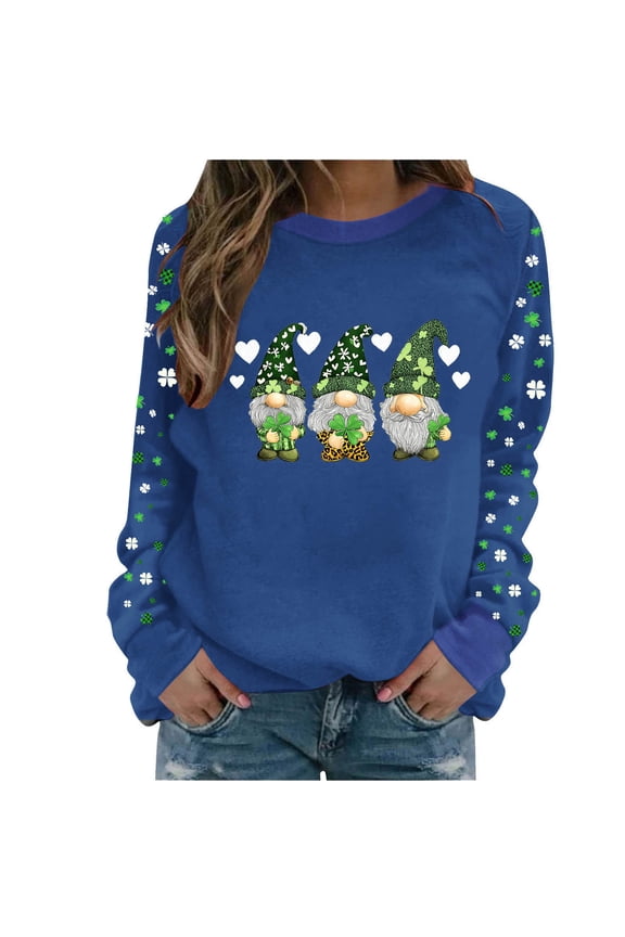 St Patricks Day Shirt Women Gnomes Hold Clover Print Sweatshirt Crew Neck Long Sleeve Tops Irish Themed Clothes Funny Saint Patricks Day Shirt