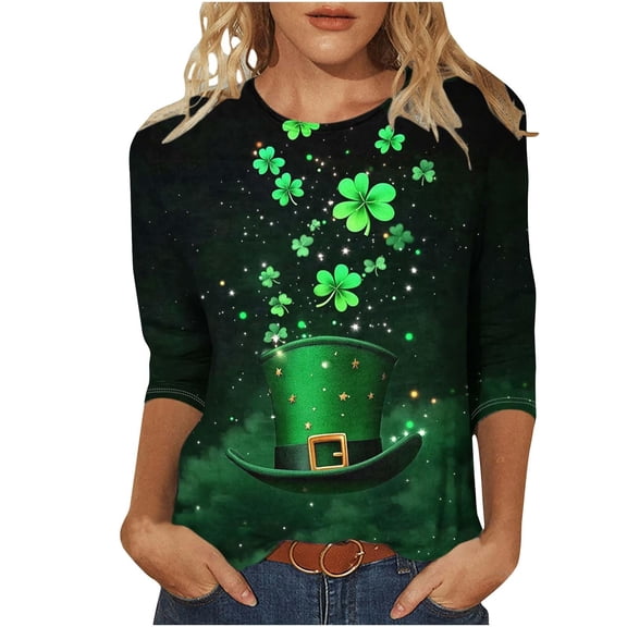 St Patricks Day Shirt Women Green Clover Graphic Tee Crew Neck 3/4 Sleeve Tshirt St Patrick's Day Casual Tunic Tops