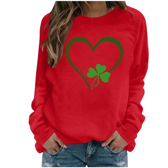St Patricks Day Shirt Women Heart Shamrock Print Shirts Casual Crewneck Sweatshirt Irish Long Sleeve Tops Saint Patricks Day Shirt