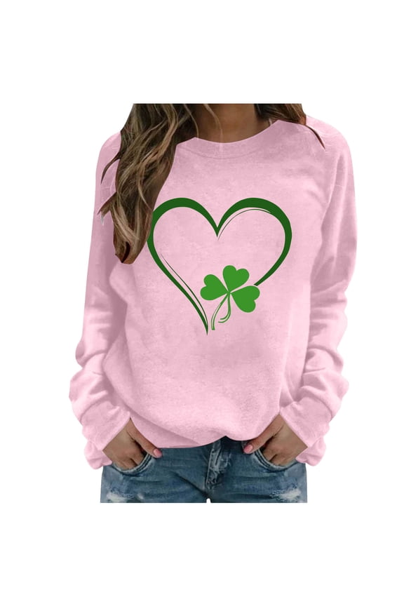 St Patricks Day Shirt Women Heart Shamrock Print Shirts Casual Crewneck Sweatshirt Irish Long Sleeve Tops Saint Patricks Day Shirt