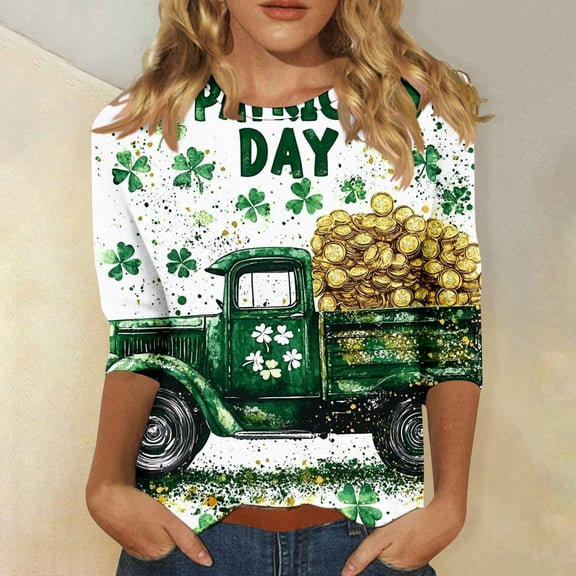 St Patricks Day Shirt for Women, Ladies Tops and Blouses 3/4 Sleeve, Round Neck Tee Shirts Ladies' 3/4 Sleeved Round Neck T Shirt St. Patrick's Day Printed Tops Shirts