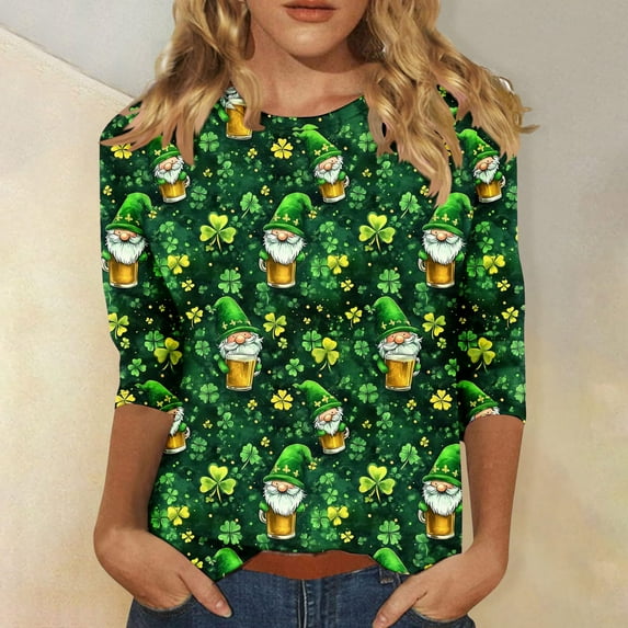St Patricks Day Shirt for Women, Ladies Tops and Blouses 3/4 Sleeve, Round Neck Tee Shirts Ladies' 3/4 Sleeved Round Neck T Shirt St. Patrick's Day Printed Tops Shirts