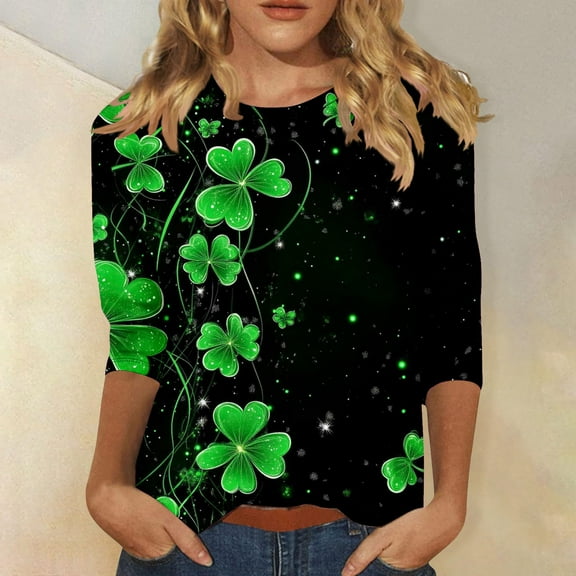 St Patricks Day Shirt for Women, Ladies Tops and Blouses 3/4 Sleeve, Round Neck Tee Shirts Ladies' 3/4 Sleeved Round Neck T Shirt St. Patrick's Day Printed Tops Shirts