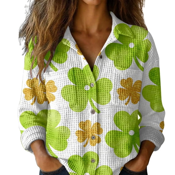 St Patricks Day Shirt Women Long Sleeve Button Down Loose Green Casual Summer Tops