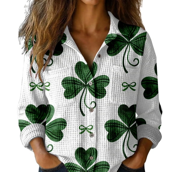 St Patricks Day Shirt Women Long Sleeve Button Down Loose Green Casual Summer Tops