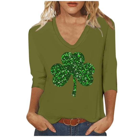 St Patricks Day Shirt Women Plus Size Funny 3/4 Sleeve Cute Saints Tops Shamrock Shirts Lucky Irish Shamrocks Outfit