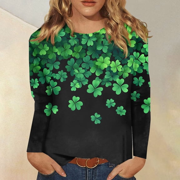 St Patricks Day Shirt Women Plus Size Long Sleeve Tops Funny Green Shamrock Graphic Saint Patrick's Day Blouse Dark Green 2XL