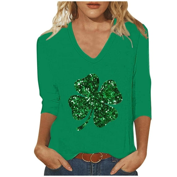 St Patricks Day Shirt Women Sequin Shamrock Graphic Tees Irish Crewneck 3/4 Sleeve Shirts Funny Saint Pattys Outfits